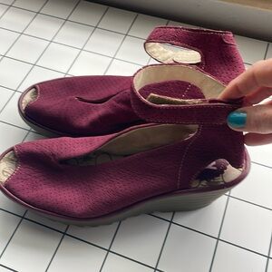 Fly London maroon open toe wedge sandals with ankle strap